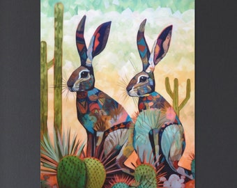 Impresión de pintura de conejos del desierto, arte mural de cactus, decoración bohemia del suroeste, obra de arte retro vintage de viajes a Arizona, lienzo listo para colgar