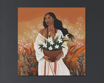 Mexico Latin Spanish Girl with Flowers, Latina Woman Portrait Wall Art, Floral Soul Artwork Print Mexican Painting Wall Hanging,
