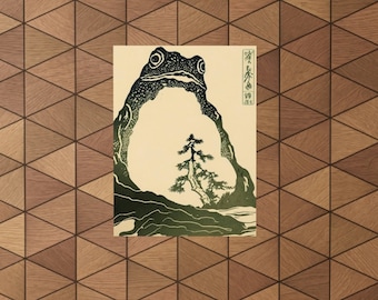 Frog Bonsai Tree Woodblock Poster, Creative Frog Wall Hanging, Japanese Frog Art Print, Toad Asian Woodblock Wall Art, Ukiyo, Wabi Sabi, Sad