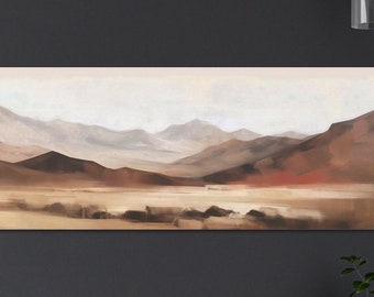 Muted Desert Panoramic Wall Art Print Horizontal Brown Landscape Oil Painting Southwestern Long Wide Southwest Beige Ready to Hang Canvas