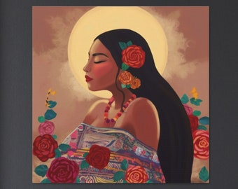 Woman with Roses Painting Print Mexican Art Folklore Hispanic Wallart Latino Folk Mexico Artwork Flower Floral Wall Hanging Latin Home Decor
