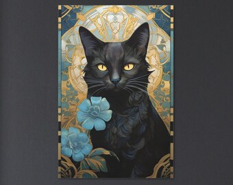 Mucha Black Cat Artwork Black Cat Print Blue Flowers Cat Painting Floral Wall Art Art Nouveau Painting Wallart Alphonse Ready to Hang Canvas