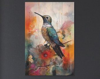 Hummingbird Painting Print Colorful Wall Art, Abstract Floral Decor Vintage Aesthetic Flower Home Decoration Artwork Wallart Humming Bird