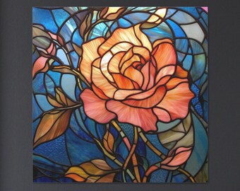 Stained Glass Rose Art Print, Red Rose Artwork Gift for Girlfriend Flower Wall Art Botanical Print Floral Print Ready to Hang Canvas Wallart