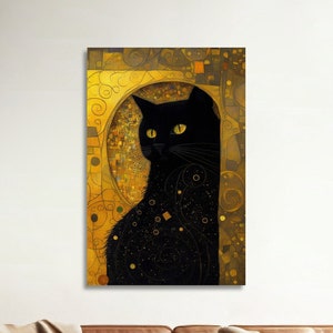 Klimt Black Cat Print, Klimt Cat Poster, Black Cat Artwork, Gustav Klimt Style Print, Art Nouveau Home decor Cute Decoration