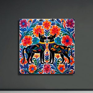 Otomi Dog Art Print Mexico Black Dogs Mexican Folk Artwork Print Talavera Wallart Home Decor Folkart Tenango Style Colorful Floral Wall Art