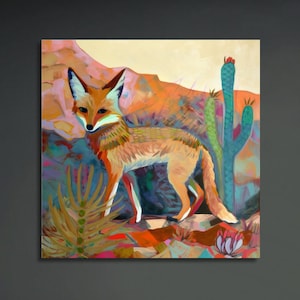 Desert Fox Painting, Farmhouse Wall Art, Southwestern Boho Decor, Texas Art Print, Travel Retro Vintage Artwork Print, Coyote Canvas Wallart