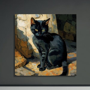 May include: A black cat with yellow eyes sits on a stone surface. The cat is looking directly at the viewer. The background is a stone wall.