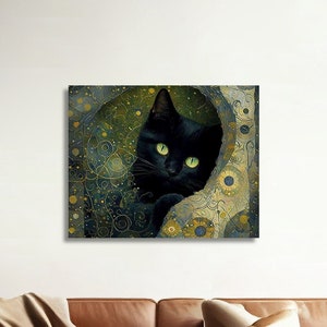 Gustav Klimt Black Cat Print, Klimt Cat Poster, Black Cat Art, Abstract Stars Print, Flowers & Cat Print, Geometric Wall Home decor Poster