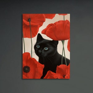 Georgia Okeeffe Red Poppy Flower Cat Print, Georgia O'keeffe Painting Poster, Black Cat Artwork, Home Decor Wall Art, Funny Cat Lover Gift