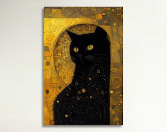 Klimt Black Cat Print, Klimt Cat Poster, Black Cat Artwork, Gustav Klimt Style Print, Art Nouveau Home decor Cute Decoration