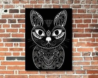 May include: A black and white illustration of a cat's face with intricate patterns. The cat's eyes are large and round, and its nose is small and pointed. The background is black.