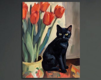 Impression de chat noir de tulipes de Paul Cézanne, impression de Cézanne, art de peinture de chat noir, affiche drôle de chat noir, art de mur drôle, décor à la maison Wallart