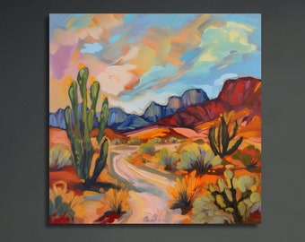 Impression paysage désert du sud-ouest, art mural cactus, Texas Decor voyage art mural vintage rétro, nature toile Sonora, art mural sud-ouest