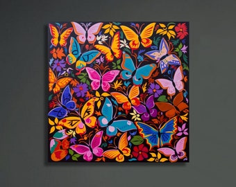 Mexican Otomi Print, Butterflies & Floral Wallart, Decorative Mexico Folk Art Wall Art, Colorful Butterfly Home Decor, Talavera Tile Artwork