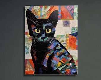 Mosaic Cat Print, Kitten Wall Art, Black Cat Art, Cat Lovers Gift, Home Decor Canvas Wall Hanging Painting Cute Mid Century Modern Wallart