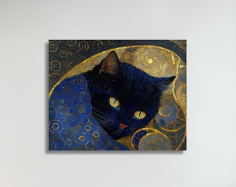 Gustav Klimt Black Cat Print, Klimt Cat Poster, Black Cat Wall Art, La Pastiche Print, Black Cat Wallart, Art Nouveau Home decor Poster Blue