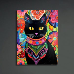 Flower Cat Print, Black Cat Art, Home Decor Poster, Cat Lovers Gift, Black Kitten Wallart, Boho Wall Art Print, Talavera, Mexican Painting