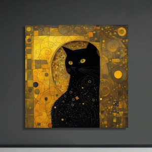 Gustav Klimt Black Cat Print, Klimt Cat Canvas, Black Cat Art, La Pastiche Print, Black Cat Print, Art Nouveau, Home Decor Gallery Wrap
