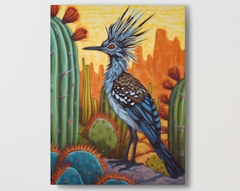 Roadrunner Wall Art Print, western decor, Southwestern Wallart, schilderij Sonorawoestijn, Boho Cactus Artwork, Mexicaanse volkskunst Road Runner
