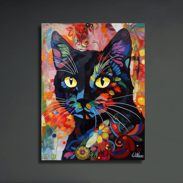 Flower Black Cat Art Print, Talavera Cat Wall Art, Cat Lover Gift, Modernist Wall Decor, Floral Home Wall Hanging Canvas Kitten Abstract