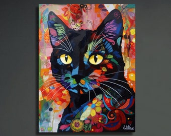Flower Black Cat Art Print, Talavera Cat Wall Art, Cat Lover Gift, Modernist Wall Decor, Floral Home Wall Hanging Canvas Kitten Abstract