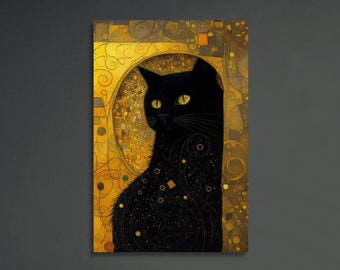 Gustav Klimt Black Cat Print, Klimt Cat Poster, Black Cat Art, La Pastiche Print, Black Cat Print, Art Nouveau, Home decor Poster Symbolism