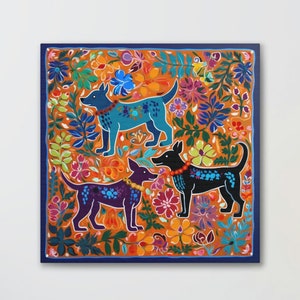 Talavera Dog Wall Art Print Mexican Folk Artwork Otomi Flower Print Mexico Dogs Wallart Hanging Home Decor Tenango Style Floral Painting