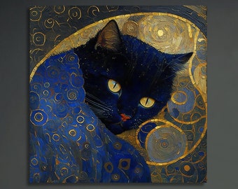 グスタフ・クリムトの黒猫プリント、クリムトの猫キャンバス、黒猫アート、ラ・パスティッシュプリント、かわいい黒猫プリント、金色の渦巻き、ホームデコレーションギャラリーラップ