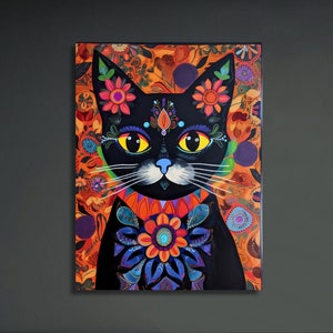 Black Cat Wall Decor Art Print, Cute Kitten Wallart, Black Cat Portrait, Home Art Hanging, Boho Painting Print, Talavera, Mexican Floral