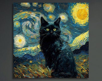 Vincent Van Gogh's The Starry Night Cat Print, Van Gogh Cat Canvas, Black Cat Art Painting, Home Decor, Funny Cat Gift, Canvas Gallery Wrap
