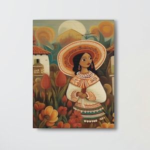 Mexican Girl Wall Art Mexico Culture Print Folk Oil Painting Woman Latin Flower Home Decor Hispanic Wallart Spanish Latino Artwork Hanging