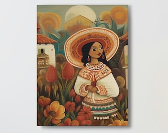 Mexican Girl Wall Art Mexico Culture Print Folk Oil Painting Woman Latin Flower Home Decor Hispanic Wallart Spanish Latino Artwork Hanging