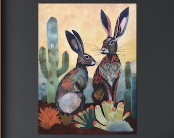 Talavera Jackrabbits ökenväggkonst, ökenkonstdekor, västerländsk väggkonst, sydvästlig väggkonst, abstrakt kaninkonst, kaktus Arizona