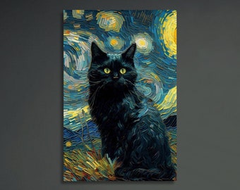 Black Cat Starry Night Art Print Picture Poster Artwork Home Decor Kitty Vincent Van Gogh Funny Gift Cat Print Impressionist Cute Portrait