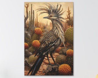 Roadrunner vogel schilderij print, vintage western decor, zuidwestelijke muurkunst, woestijn muurkunst, rustieke boerderij artwork, klaar om op te hangen canvas