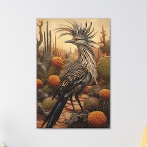 Roadrunner Bird Painting Print, Vintage Western Decor, Southwestern Wall Art, Desert Wallart, Rustic Farmhouse Artwork, Ready to Hang Canvas