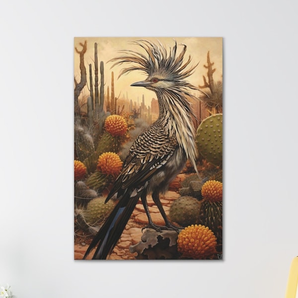 Roadrunner vogel schilderij print, vintage western decor, zuidwestelijke muurkunst, woestijn muurkunst, rustieke boerderij artwork, klaar om op te hangen canvas