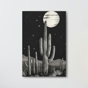 Saguaro Cactus Wall Art Print, Western Decor, Southwestern Wall Art, Desert Landscape, Black and White, Minimalist, Eclectic Boho Art Moon