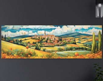 May include: A panoramic painting of a picturesque Italian countryside scene. The painting features a small village nestled in rolling hills, with lush green fields and a bright blue sky dotted with fluffy white clouds. The village is surrounded by trees and flowers, and the distant mountains are visible in the background.
