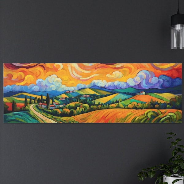 Le Marche, Italy Landscape Print Panoramic Painting Wall Art Vintage Italian Countryside Van Gogh La Pastiche Field Wide Horizontal Artwork