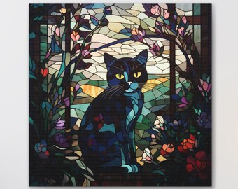Tuxedo Kitten Stained Glass Print Cat Lovers Decor Gift Artwork Cute Kitten Wall Art Nouveau Wallart Ready To Hang Canvas Floral Flower Goth