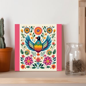 Decorative Mexican Otomi, Floral Motifs, Mexico Art Print, Garden, Floral Colorful Farmhouse Chicken Bird Home Decor, Talavera Tile Artwork