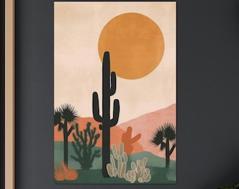 Boho Wall Art Print, Desert Cactus Art Print Large Boho Wall Art Minimalist Modern Mid Century Abstract Desert Wall Art for Bedroom Canvas