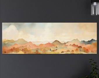 Watercolor Panoramic Wall Art Wide Autumn Forest Print Horizontal Mountain Vista Mural Landscape Mural Fall Colors Mid Century Modern Print