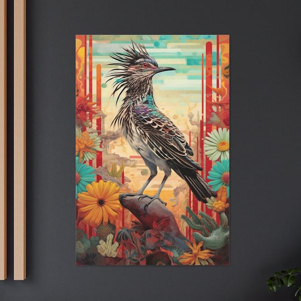 Southwestern Roadrunner Print, Western Decor, Southwestern Wallart, Sonoran Desert Painting, Eclectic Boho Artwork, Cactus, Mexican Folk Art