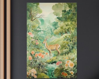 Deer Painting Art Print, Nature Wall Decor, Unique Cottagecore Art Nouveau Forestcore Home Artwork, Ready to Hang Canvas