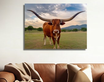 Longhorn Picture, Longhorn Canvas Print, Texas Longhorns Wall Art Decor, Masculine, Cattle, Cow, Ranch Bull Extra Large Living Room Wall Art