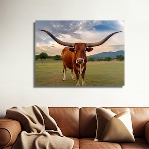 Longhorn Picture, Longhorn Canvas Print, Texas Longhorns Wall Art Decor, Masculine, Cattle, Cow, Ranch Bull Extra Large Living Room Wall Art