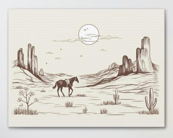 Western Desert Illustration, Boho Art Print, Cactus Artwork, Horse Wall Art, Southwestern Home Decor, Rustic Vista Wallart, Desert Mural